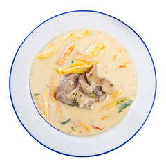 National cuisine restaurant treats guests to traditional first course, introduces them to gastronomy of Latin America. Traditional bolivian peanut soup made with addition of beef meat, carrots, spices