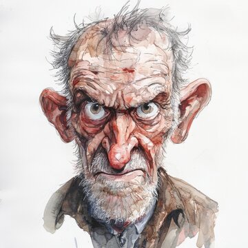Watercolor caricature of an elderly man with a grumpy expression and distinctive features, capturing age and personality.