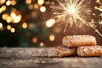 Festive Rolls Golden rolls with sparklers on wooden surface. Festive, bright bokeh in background