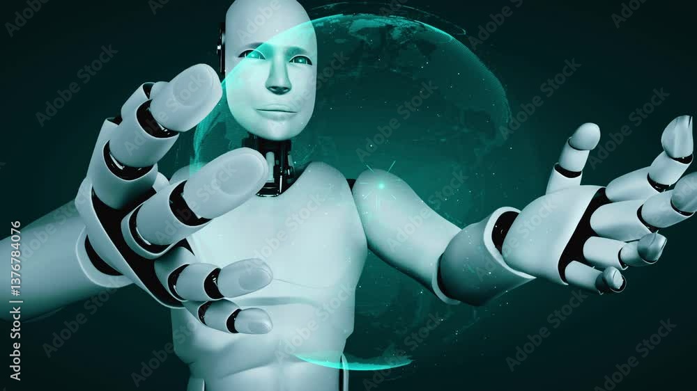Poster ai hominoid robot holding virtual hologram screen showing concept of big data analytic using artific