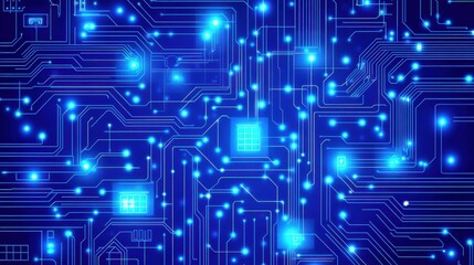 Abstract blue circuit board with glowing light particles illustrating technology connectivity, digital evolution, and modern innovation in electronics and data processing.