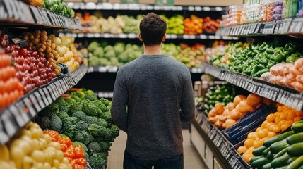 Man browsing diverse fresh produce aisle in a vibrant grocery store setting