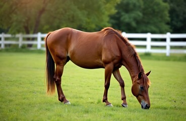 Fototapeta premium Brown horse grazes peacefully green pasture field. Equine animal eats grass in sunny countryside. Beautiful mammal horse on ranch, farm. Nature, summer, outdoors.