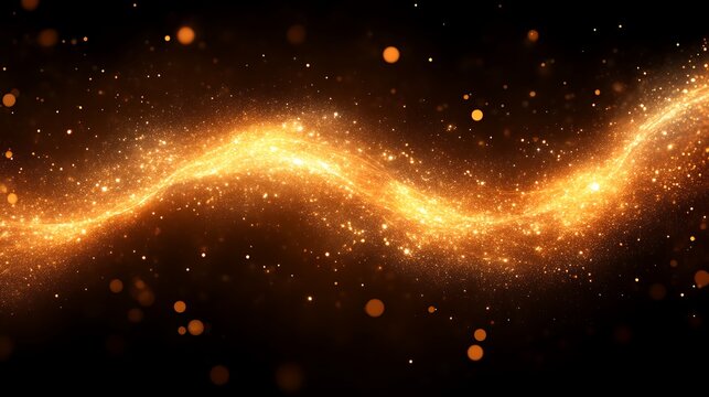 Glittering stream of golden light particles on dark background, festive vibes