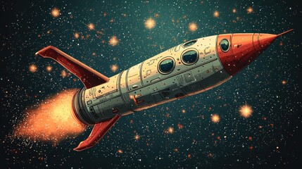 Fototapeta premium Retro Rocket Launching into the Cosmos: A Vintage Space Exploration Adventure