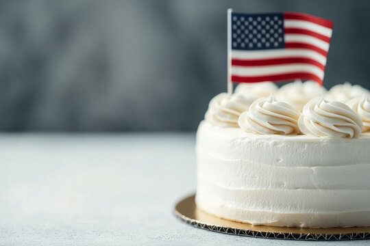 A white cake with a red and white American flag on top