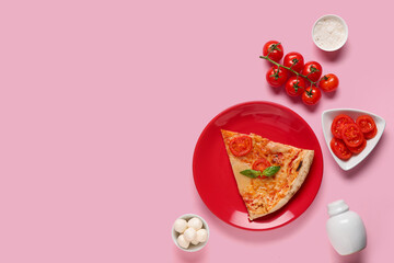 Plate with piece of tasty pizza Margarita and ingredients on pink background