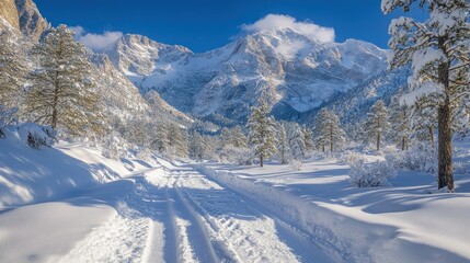 Snowy mountain road, winter landscape.