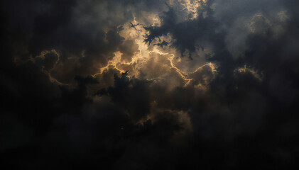 Dramatic and captivating scene of the sun peeking through ominous storm clouds, with a dark and moody atmosphere, creating a sense of both mystery and awe.