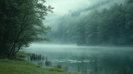Fototapeta premium Misty morning lake nestled in a lush green forest.
