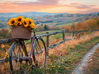 An old-fashioned bicycle with a wicker basket filled with golden leaves and freshly picked sunflowers