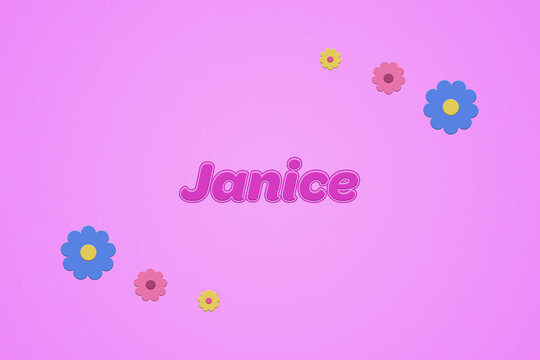 Janice female girl name illustration in pink with blossoms, flowers