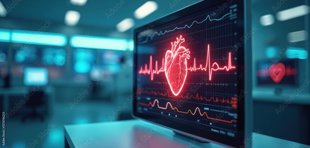 Aufkleber modern heart rate monitor display in vibrant lab setting. digital cardiogram shows vital signs, red 