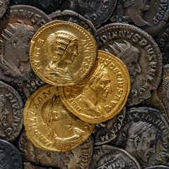 A treasure of Roman gold and silver coins.Trajan Decius. AD 249-251. AV Aureus.Ancient coin of the...