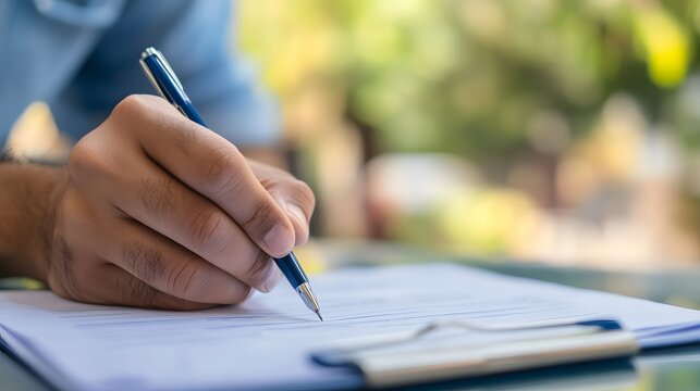 Crafting Agreement: A person's hand, clutching a pen, diligently fills a form in a close-up shot, highlighting the detail and focus of the action