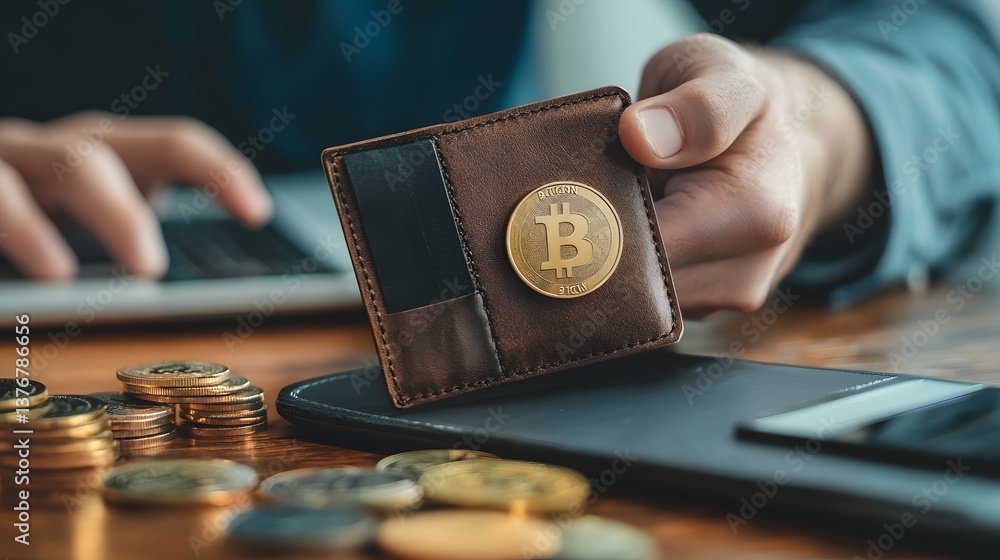 Aufkleber crypto wallet and bitcoin: a person holds a crypto wallet with a bitcoin symbol on a table, emphasiz