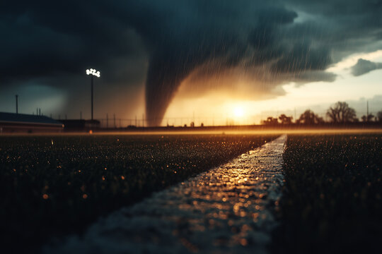 A tornado looms on the horizon. A high school athletic field is in the foreground. Midwestern severe weather, low angle, dramatic light