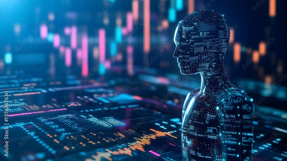 Aufkleber digital sentinel: an ai figure, sculpted with intricate circuits, gazes thoughtfully over a backdrop