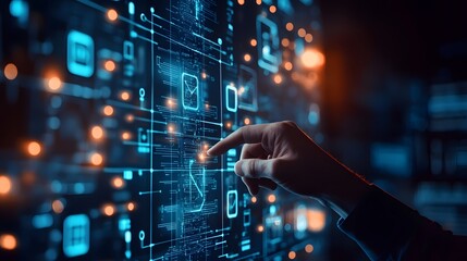 Digital Frontier: A close-up of a hand interacting with a holographic interface, highlighting technological advancement and complex data flow. A symbol of the digital age.