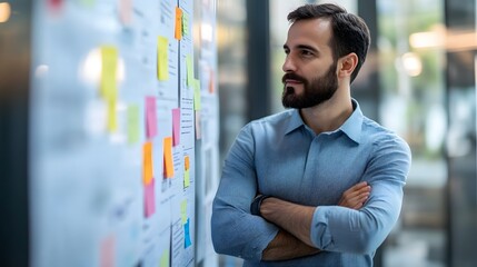 Strategic Mind at Work: A focused professional contemplates a complex plan displayed on a wall, demonstrating concentration and analytical skills in a modern office environment.