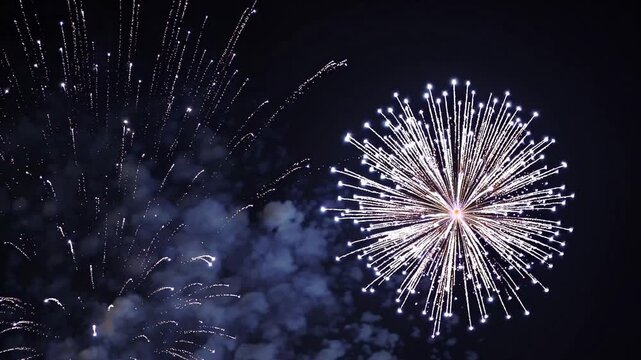 Spectacular nighttime fireworks display illuminating dark sky with bursts and flares