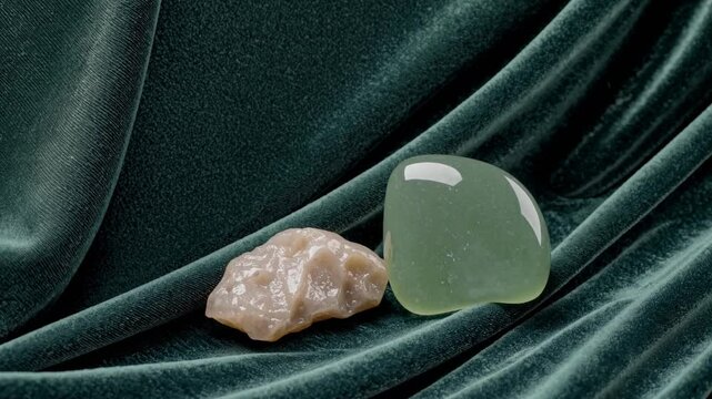 Polished jade and raw stone on elegant green fabric: seamless movement and texture