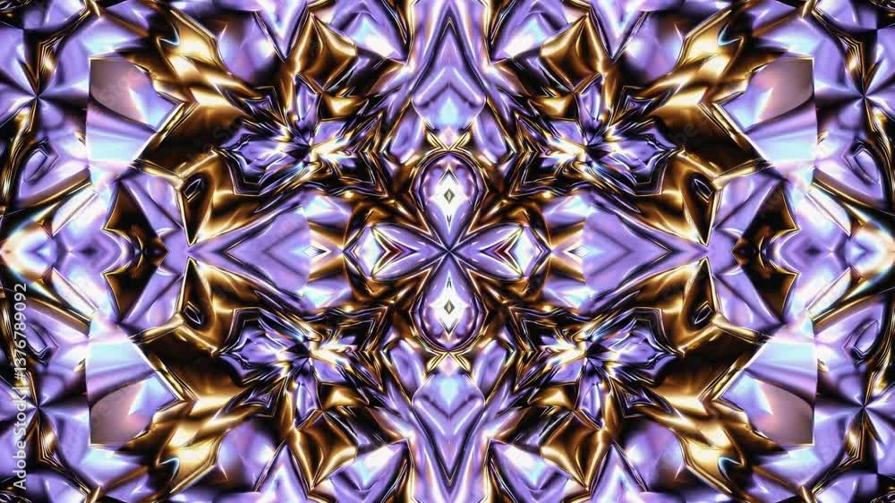 Poster dynamic kaleidoscope pattern shifting in vivid metallic colors, abstract art motion