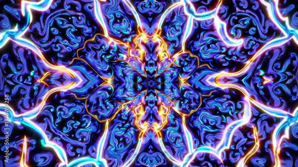 Poster kaleidoscopic neon patterns pulsate in vibrant symmetrical motion