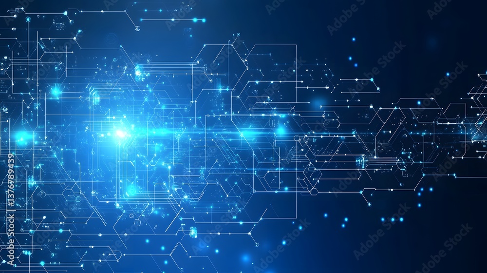 Poster beautiful blue background featuring a pattern of lines and dots in a futuristic abstract technology 