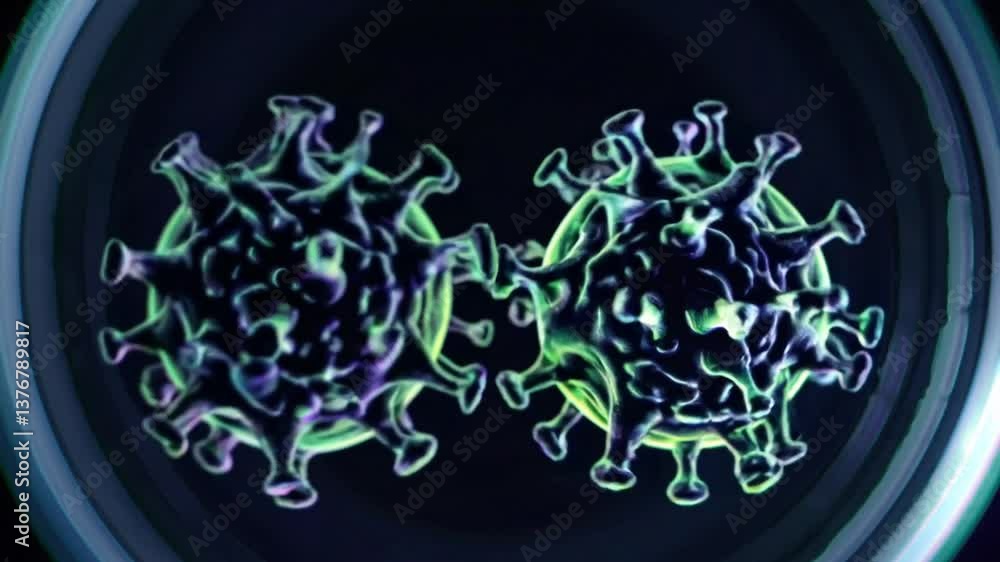 Poster dynamic rotating virus particles in vivid neon colors on dark background