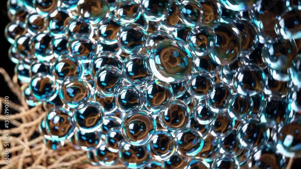 Poster intricate metallic bubble formation on textured surface with dynamic light reflections