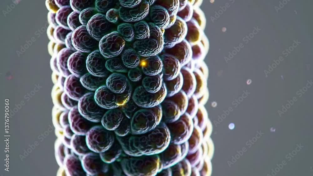 Poster intricate organic structure rotating with vibrant colors and dynamic motion in microscopic detail