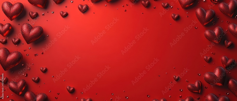 Poster red hearts scattered on a red background, creating a border. space for text in the center