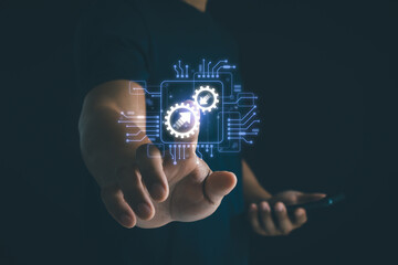 Data integration concept, data system technology, integration icon with gears. Businessman use Ai with virtual system integration technology. Industrial and smart business and automation solution.