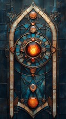 Stained Glass Design with Glowing Orb and Intricate Patterns


