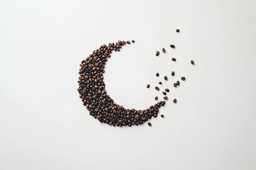 Coffee beans arranged in crescent moon shape.  Scattered beans around the crescent