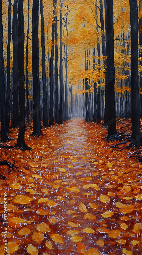 Poster forest path in autumn leaves cover the ground and the trees tower above creating a tranquil scene