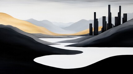 Acrylic painting of a peaceful river flowing through an industrial landscape, illustrating the contrast between nature and development