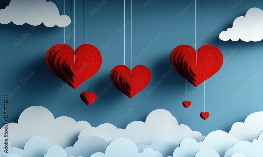 Poster red layered hearts hanging from strings against a blue sky backdrop with paper clouds