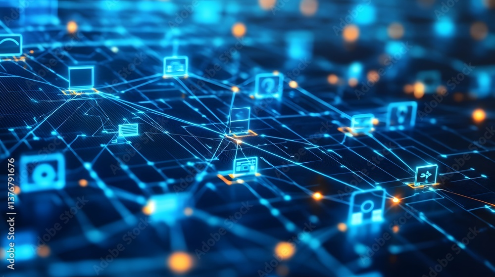 Aufkleber digital network: a vibrant depiction of interconnected devices in a digital network, representing th