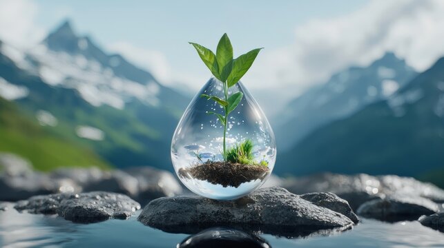 Photorealistic digital painting of a single raindrop containing a miniature ecosystem, showcasing the importance of water preservation