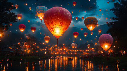 Night sky lantern festival, river reflection, mountains