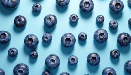 Fototapeta premium Fresh blueberries arranged on vibrant light blue backdrop, creating visually appealing pattern. Juicy ripe blueberries display, perfect design elements for food-related projects. Ideal for health,