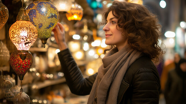 Smiling Tourist Exploring Decorative Lantern Stall in Bazaar.