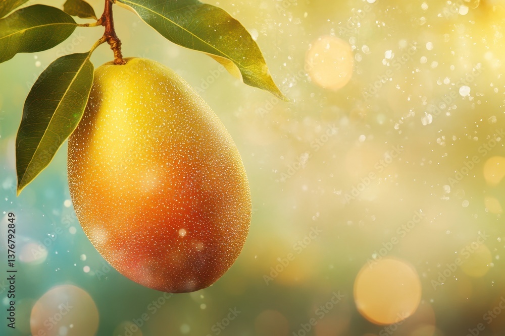 Poster mango hangs from tree branch with vibrant background and sparkling bokeh effects