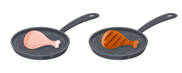 Pan-fried chicken leg. Raw and roasted chicken meat on frying pan, roasted meat semi-finished product flat vector illustration. Cartoon chicken leg cooking on frying pan © GreenSkyStudio