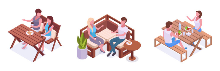 People eating outdoor. Isometric characters spending time on backyard, summerhouse garden furniture and chilling people 3d vector illustration set. Relaxing characters