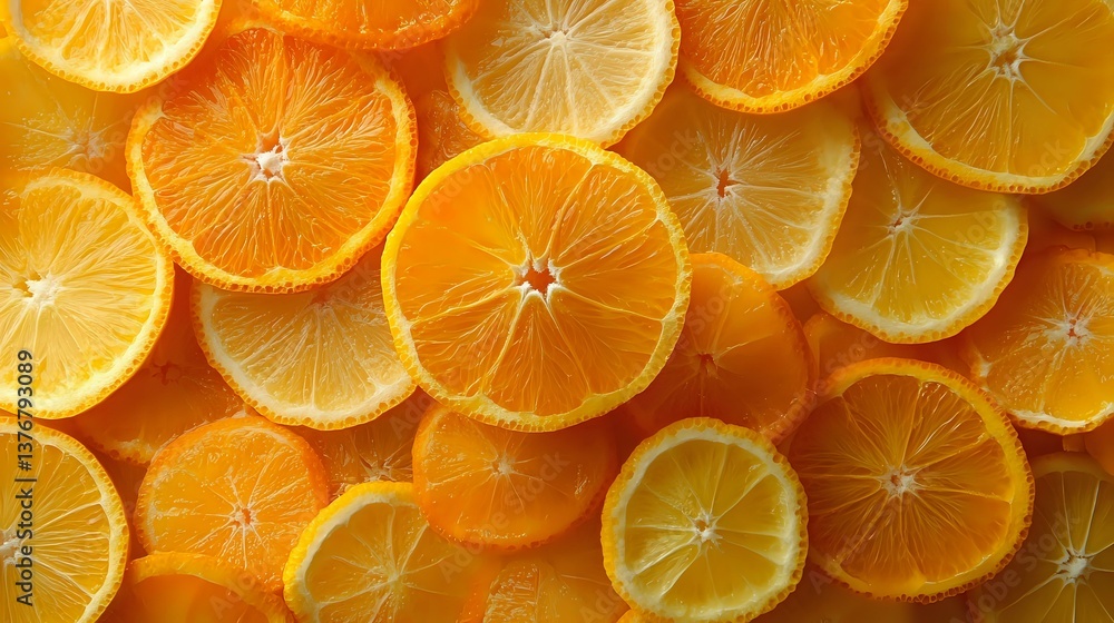 Poster fresh juicy orange slices arranged in rows creating vibrant pattern background with natural texture 