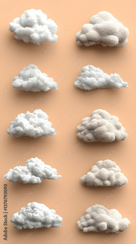 Poster various cloud shapes are rendered on a pale background some soft and white others textured and beige