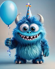 Funny smiling blue monster celebrating his birthday with a balloon, on a light-colored background, for 3D animation, illustration, digital art.